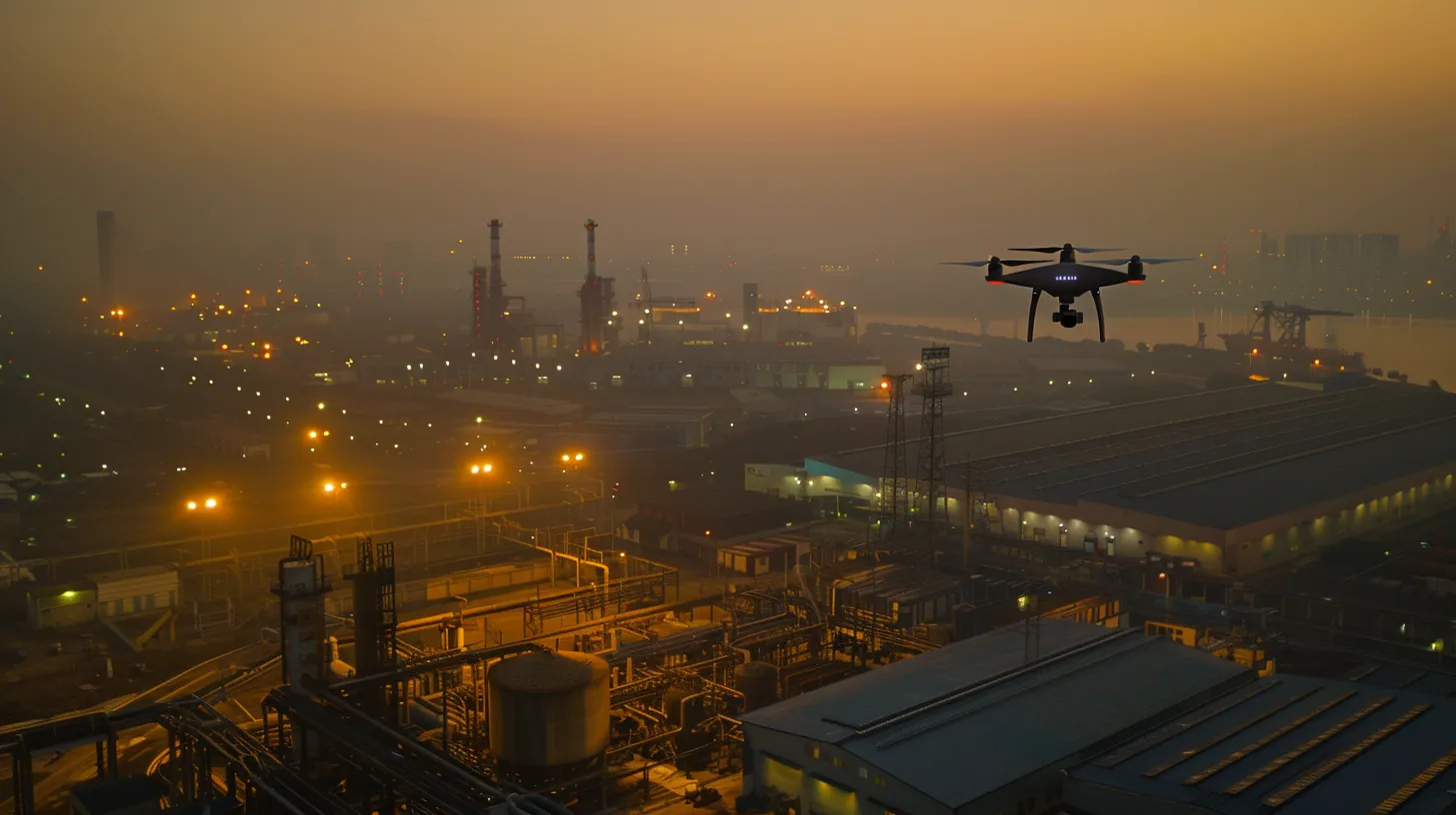 a drone hovers above a sprawling industrial complex, capturing intricate details of rooftops and structures, bathed in bright artificial lighting that highlights the advanced technology in use for structural inspections.