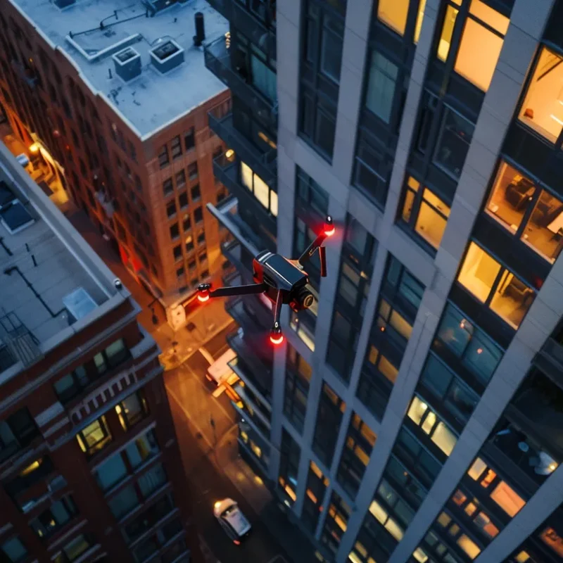 a sleek drone hovers above a modern urban skyline, showcasing a stunning aerial view of a contemporary high-rise apartment building, accentuated by dramatic evening lighting that highlights the architectural details.