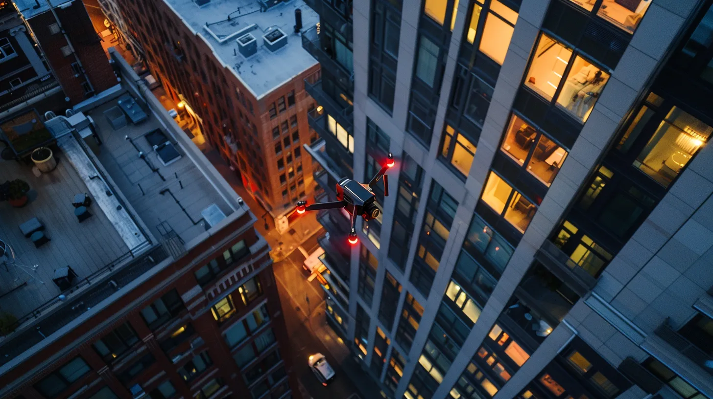 a sleek drone hovers above a modern urban skyline, showcasing a stunning aerial view of a contemporary high-rise apartment building, accentuated by dramatic evening lighting that highlights the architectural details.