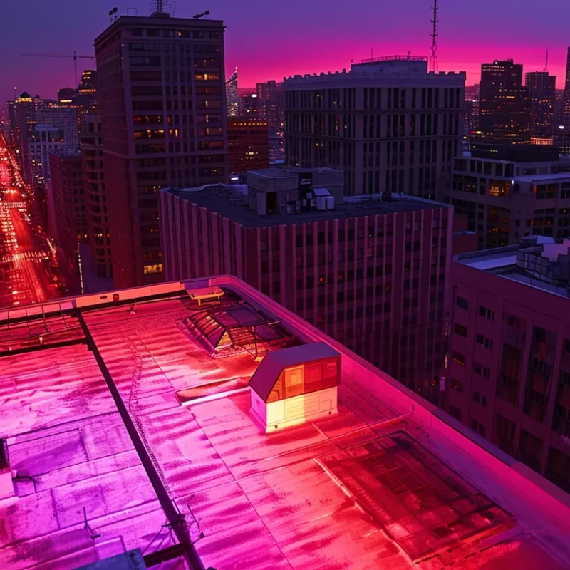 a state-of-the-art thermal drone hovers above a sleek urban rooftop, emitting a vibrant infrared glow that reveals hidden damage beneath the surface, highlighting the cutting-edge technology used in building inspections.