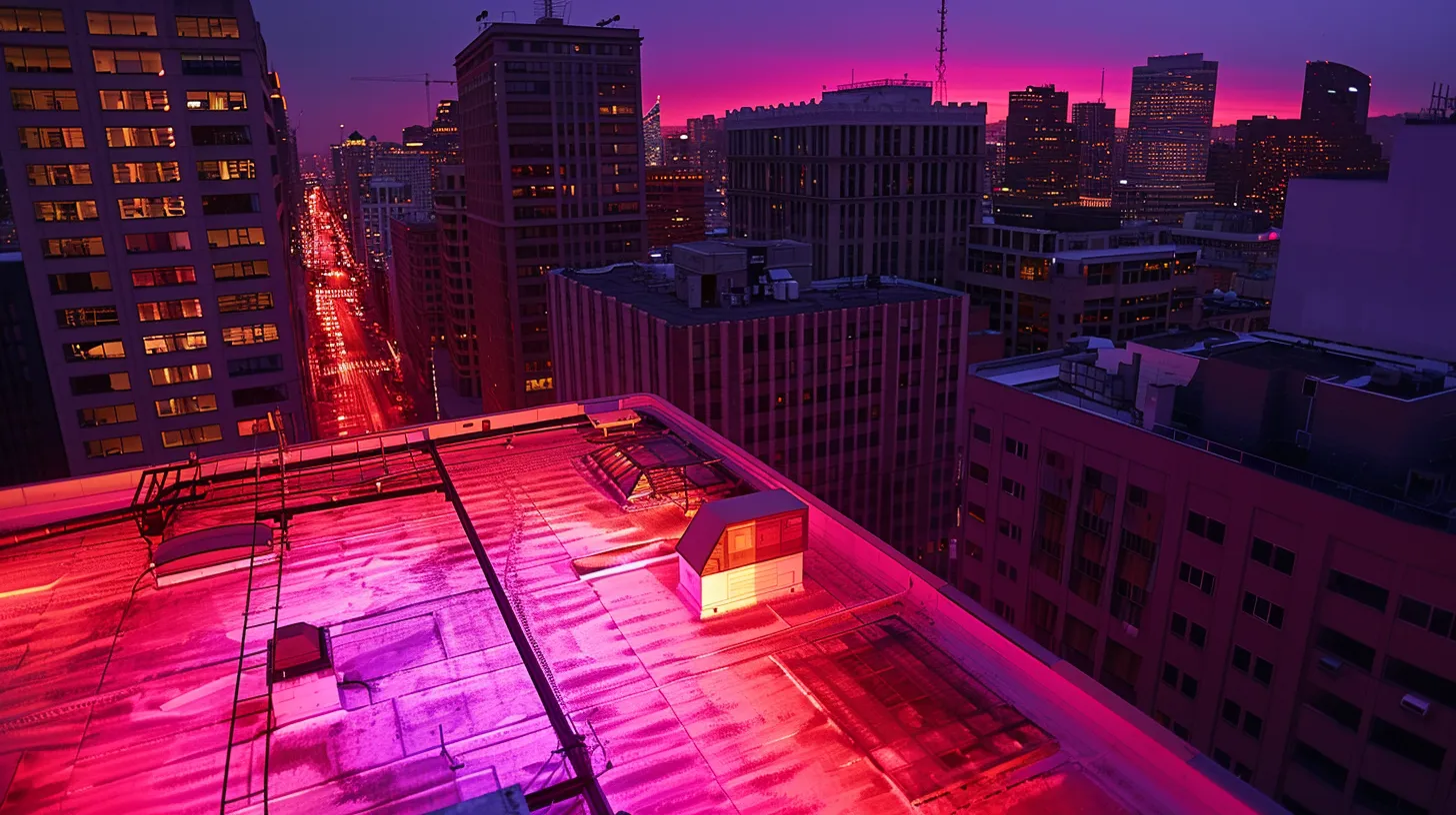 a state-of-the-art thermal drone hovers above a sleek urban rooftop, emitting a vibrant infrared glow that reveals hidden damage beneath the surface, highlighting the cutting-edge technology used in building inspections.