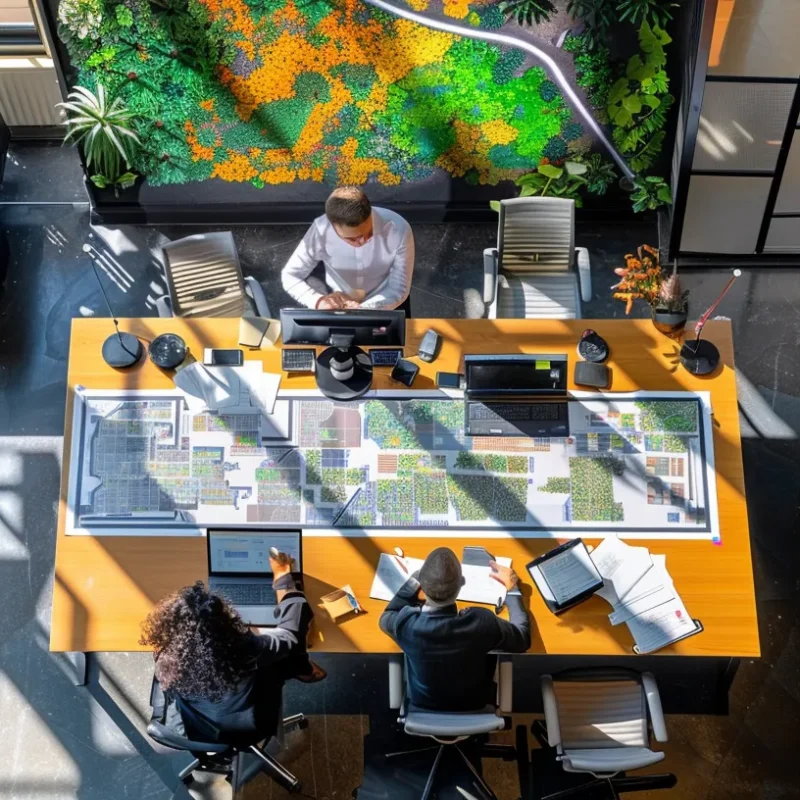 a vibrant aerial view showcasing a high-tech office environment where a group of professionals collaborates over detailed printed orthomosaic maps displayed on sleek, modern desks, highlighting the importance of precision in mapping technology.