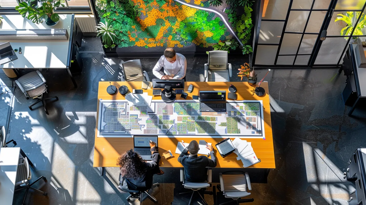 a vibrant aerial view showcasing a high-tech office environment where a group of professionals collaborates over detailed printed orthomosaic maps displayed on sleek, modern desks, highlighting the importance of precision in mapping technology.