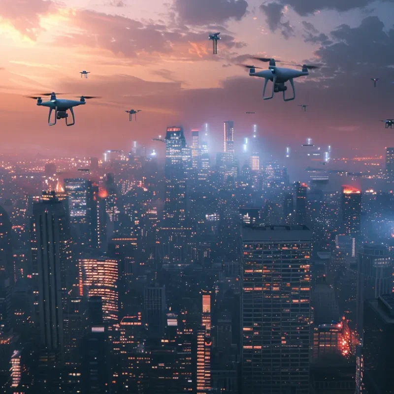 a dynamic urban skyline at dusk, featuring multiple drones in flight, capturing intricate 3d mappings of the city's architecture, illuminated by the glowing lights of skyscrapers below.