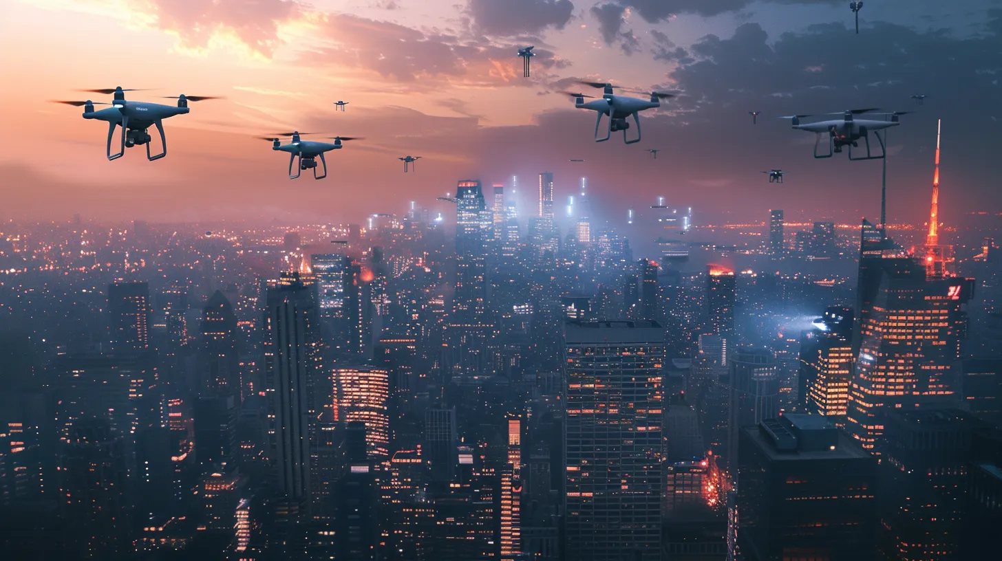 a dynamic urban skyline at dusk, featuring multiple drones in flight, capturing intricate 3d mappings of the city's architecture, illuminated by the glowing lights of skyscrapers below.